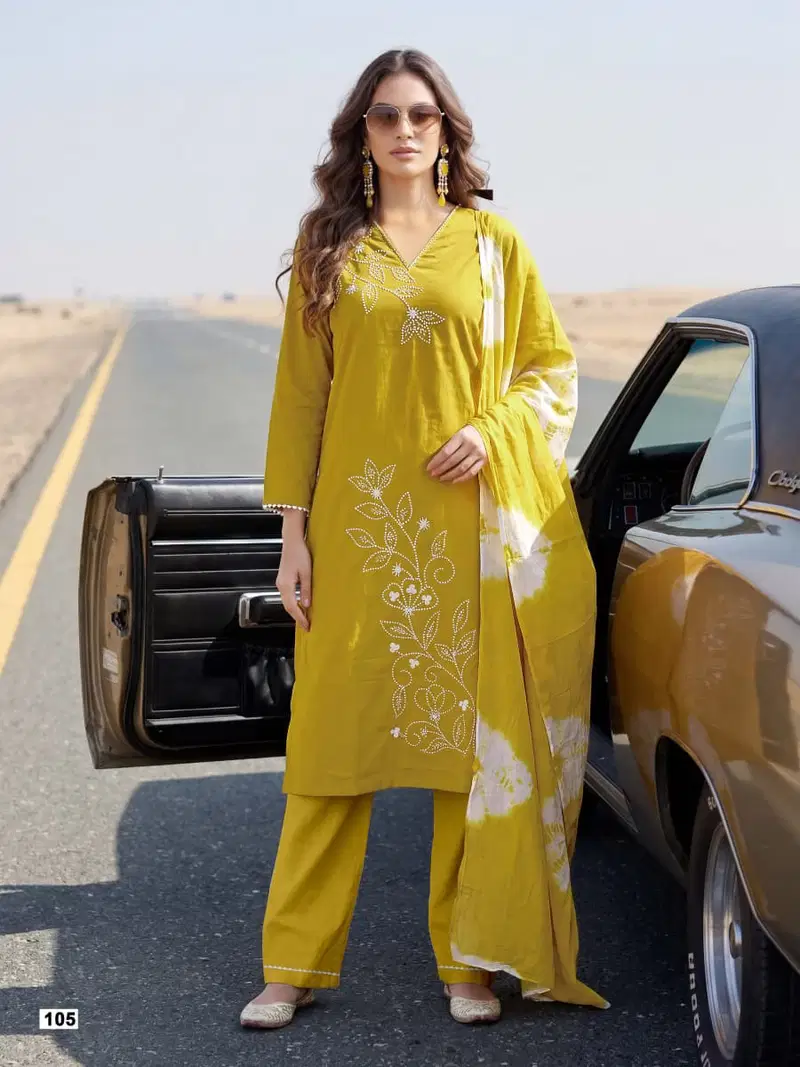 Ossm Noorie Dhabu Cotton Embroidery Worked Kurti With Bottom Dupatta