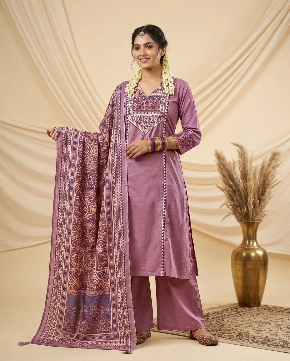 Naisha K 830 Dhabu Cotton Aline Worked Kurti With Bottom Dupatta