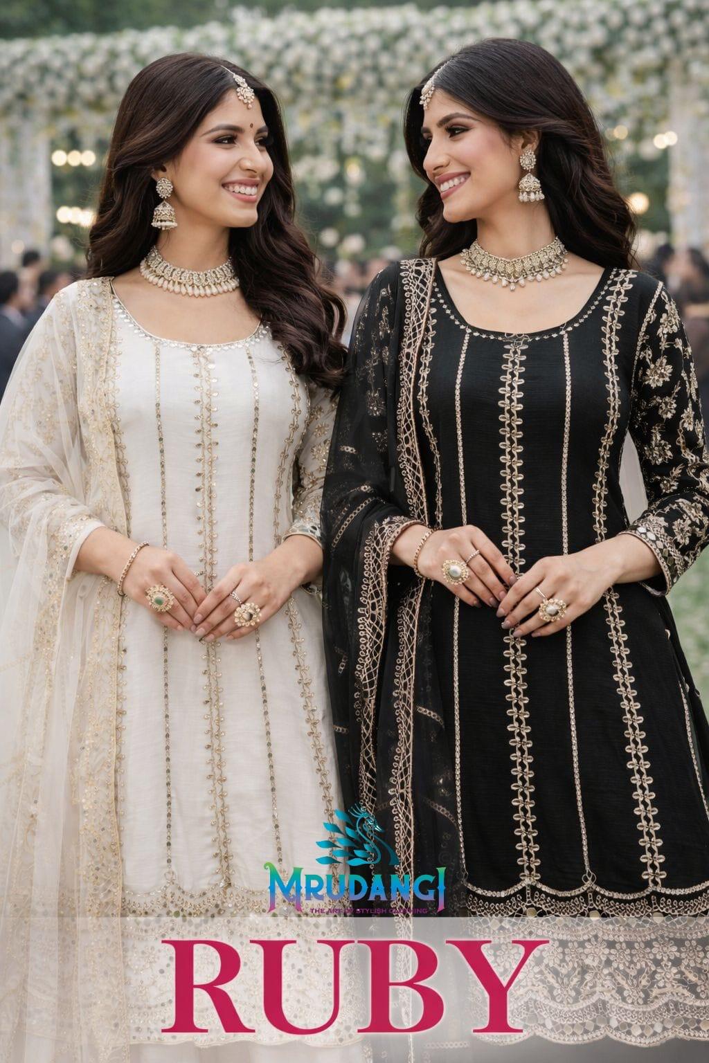 Mrudangi Ruby Chinon Embroidered Flared Top With Bottom Dupatta
