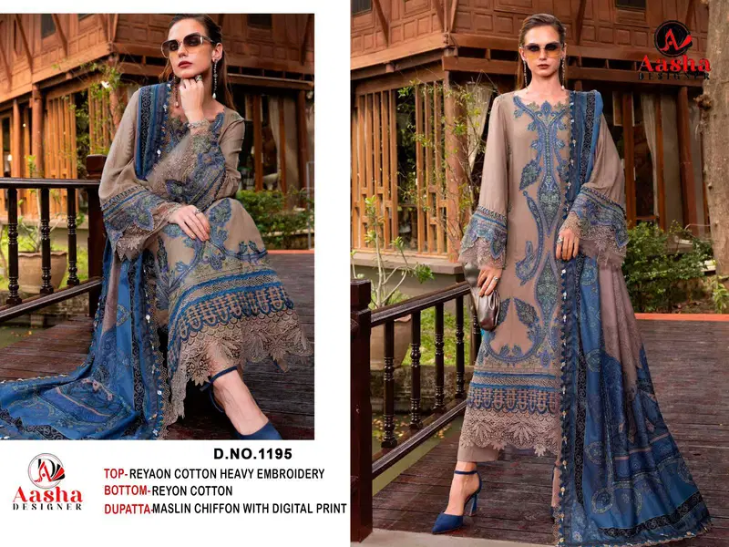 Aasha 1195 And 1200 Chiffon Dupatta Rayon Cotton Embroidered Salwar Kameez