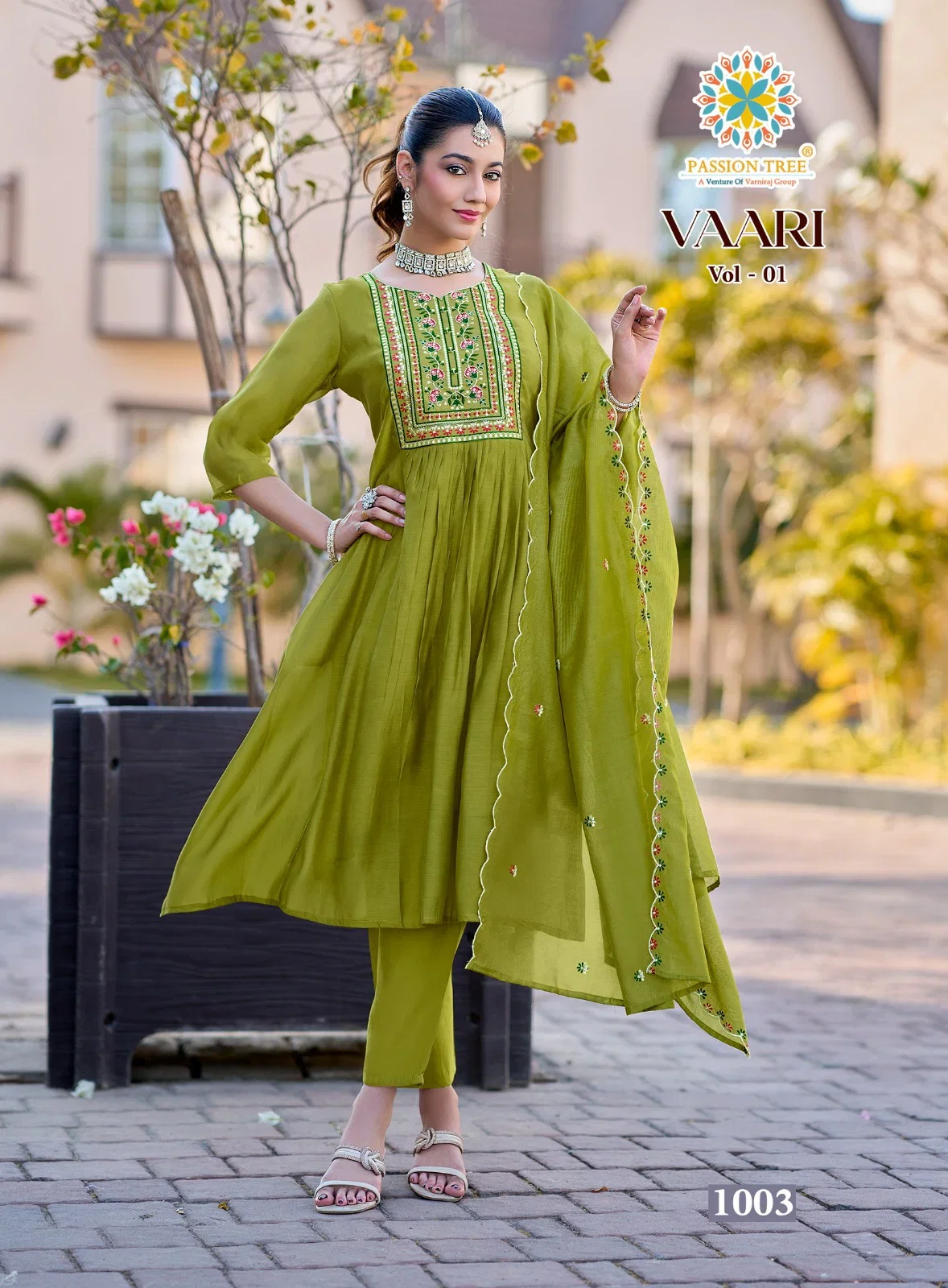 Vaari Vol 1 Passion Tree Mal Chanderi Fancy Embroidered Kurti With Bottom Dupatta