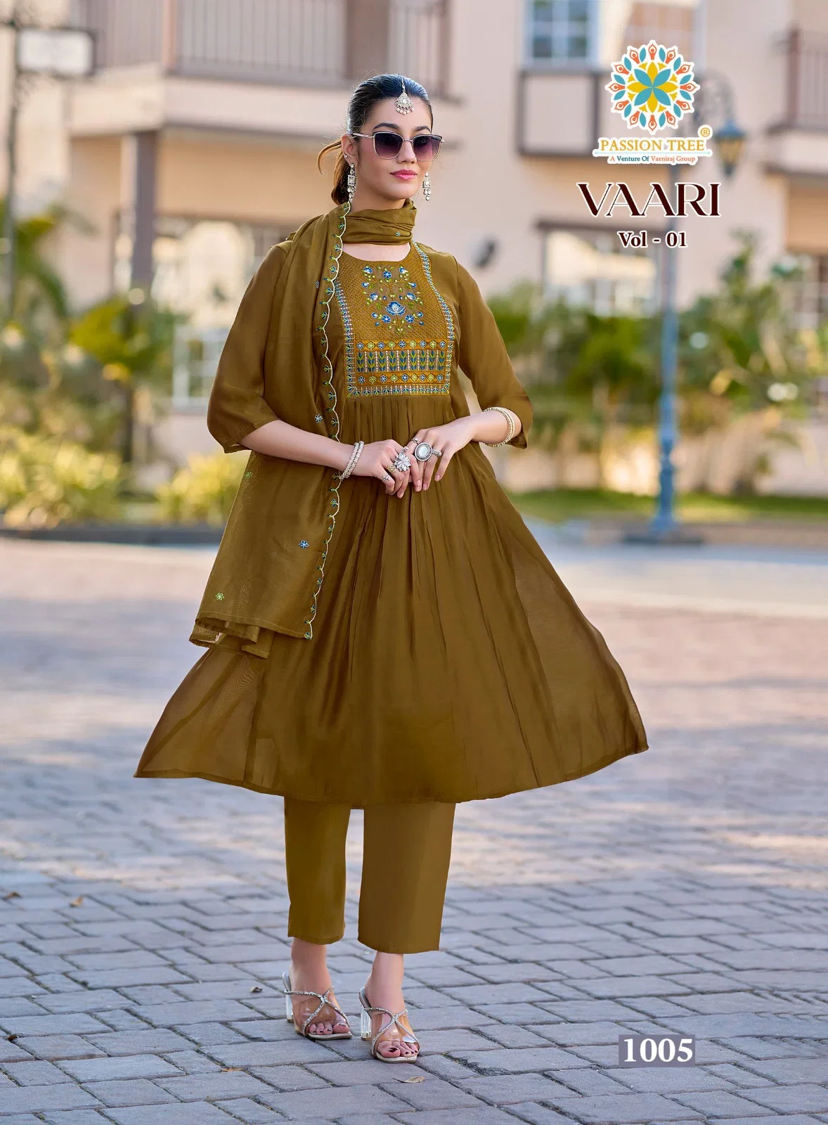 Vaari Vol 1 Passion Tree Mal Chanderi Fancy Embroidered Kurti With Bottom Dupatta