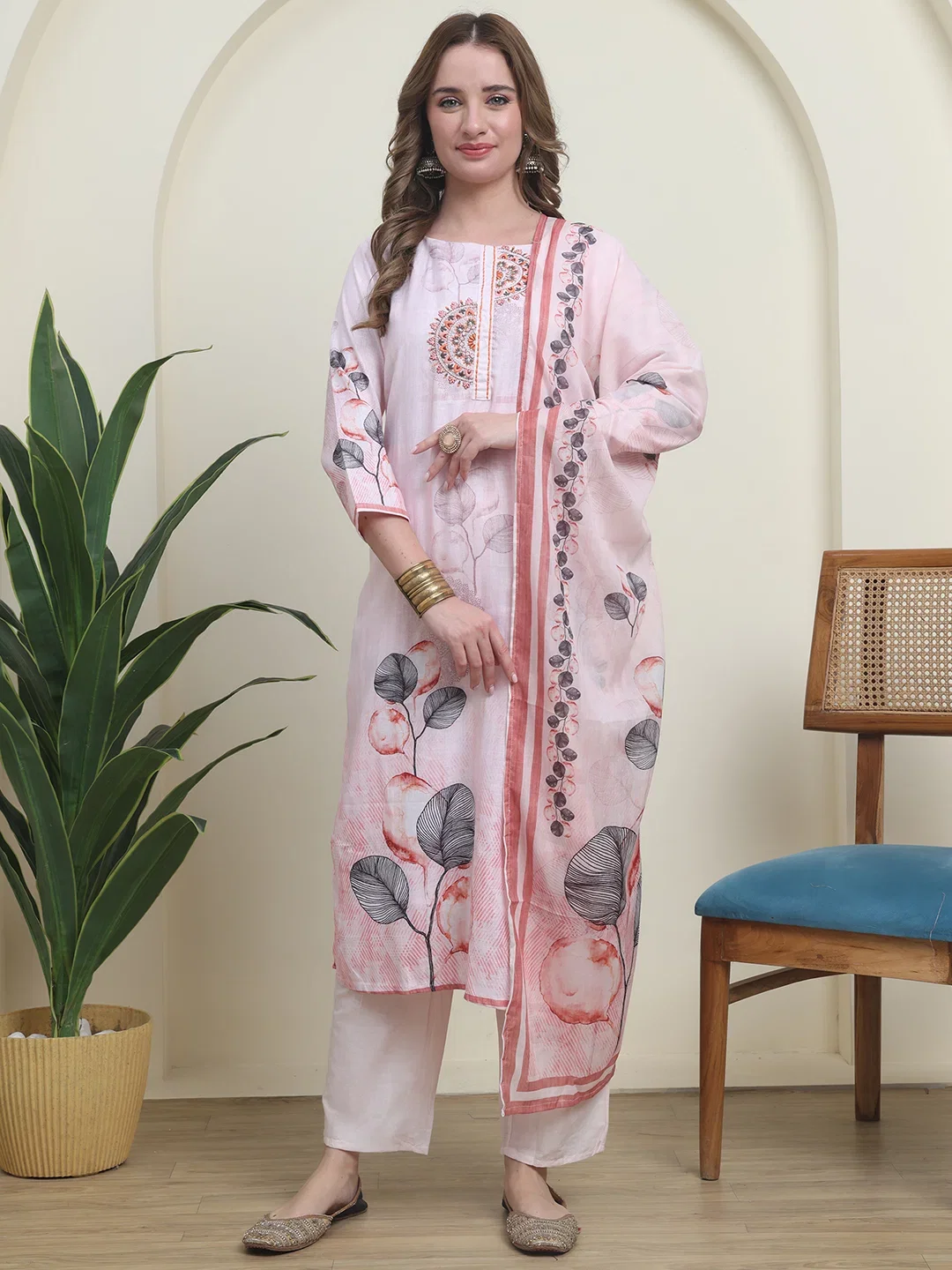 Hr R 1623 Poly Linen Embroidery Kurti With Bottom Dupatta