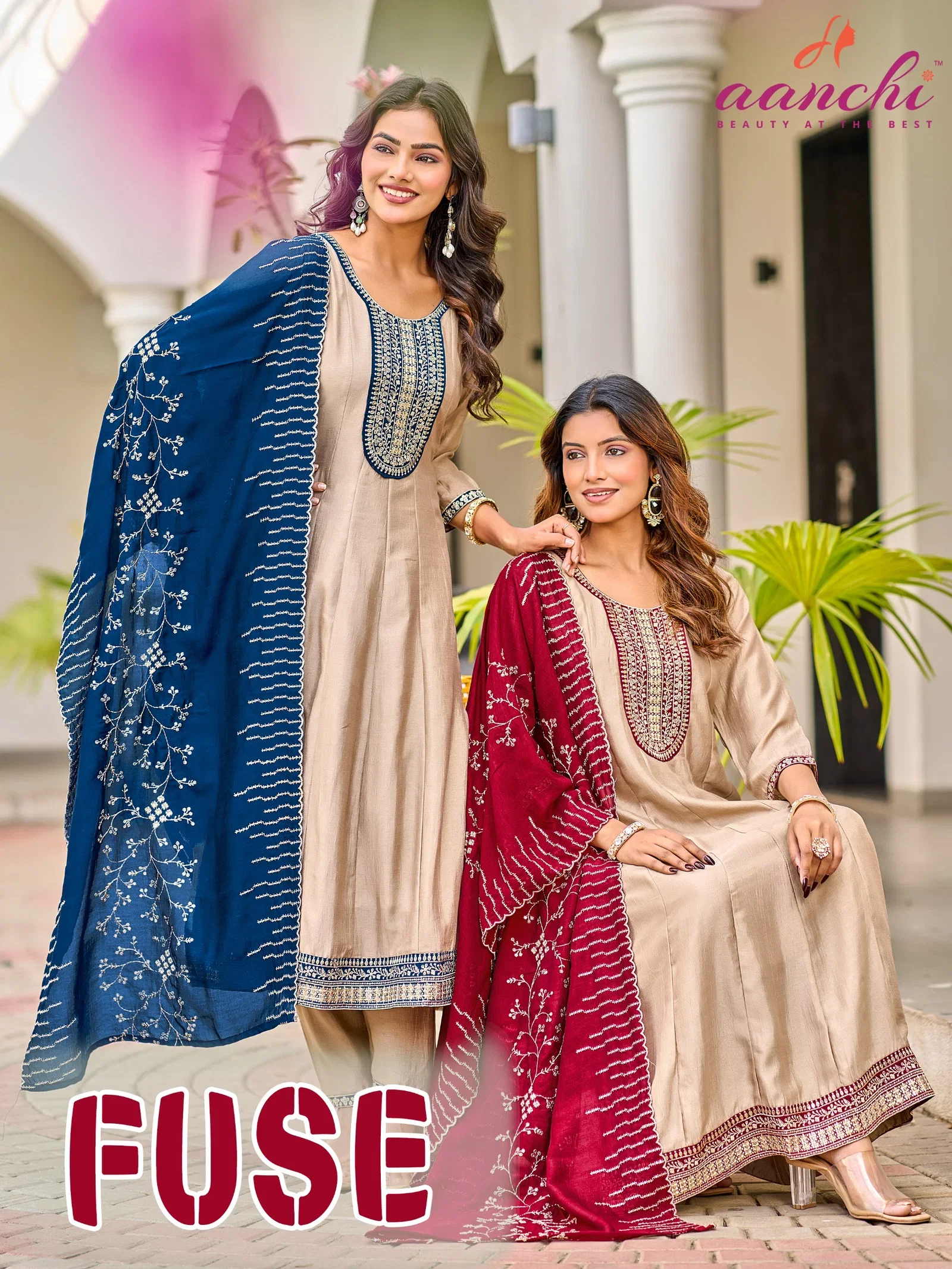 Aanchi Fuse Vichitra Silk Embroidered Kurti With Bottom Dupatta