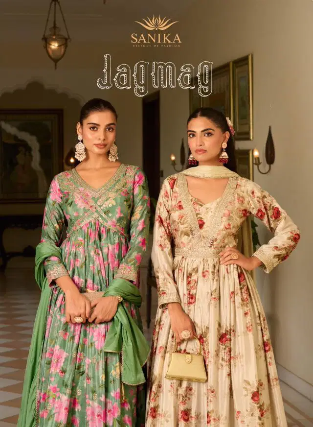 Sanika Jagmag Chinon Silk Designer Gown With Dupatta Collection