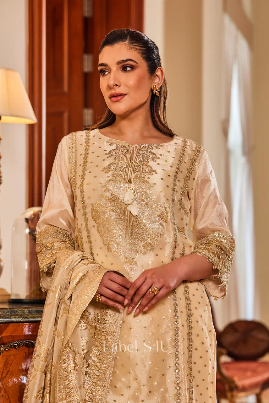 S4u 242666 Tissue Jacquard offwhite luxury Pakistani kurta set