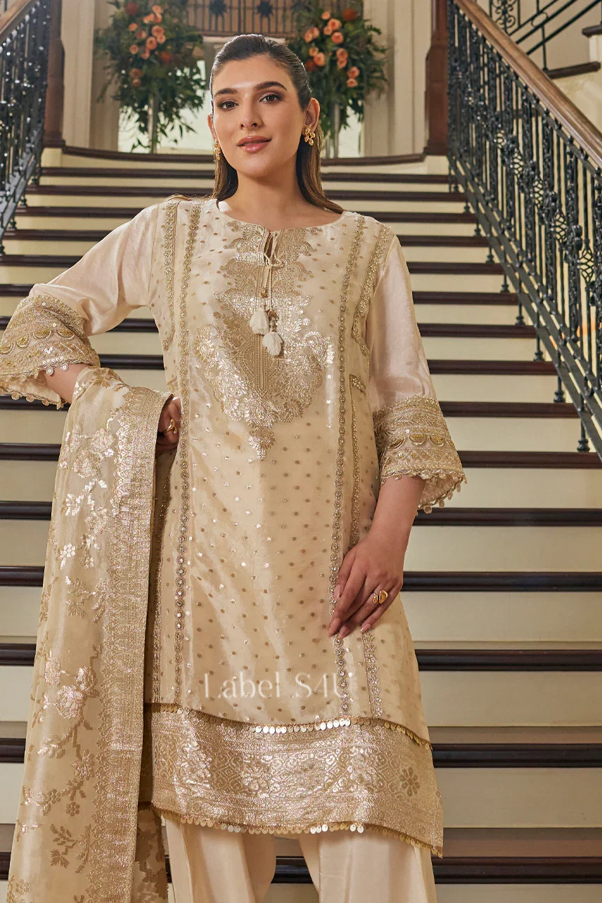 S4u 242666 Tissue Jacquard offwhite luxury Pakistani kurta set