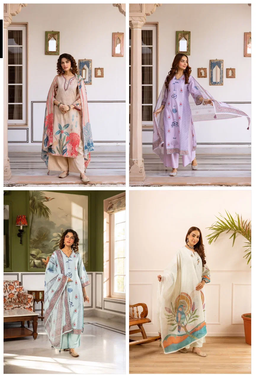 Naisha K 834 Linen Cotton With Embroidered Kurti With Bottom Dupatta