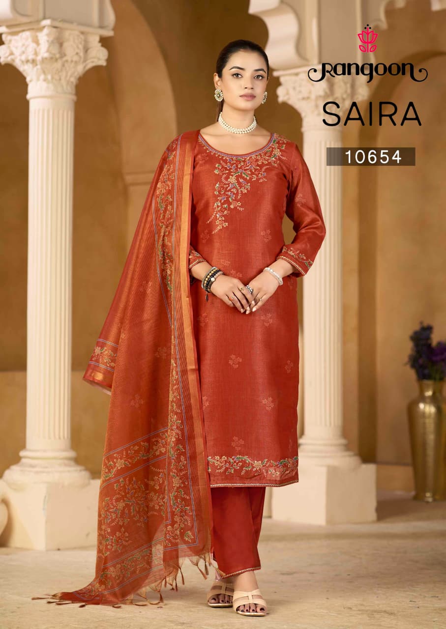 Rangoon Saira Linen Shimmer Digital Print Handworked Kurti With Bottom Dupatta