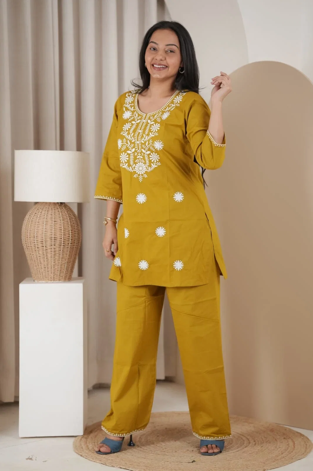 Naisha K 837 Dhabu Cotton Lucknowi Embroidered Kurti With Bottom