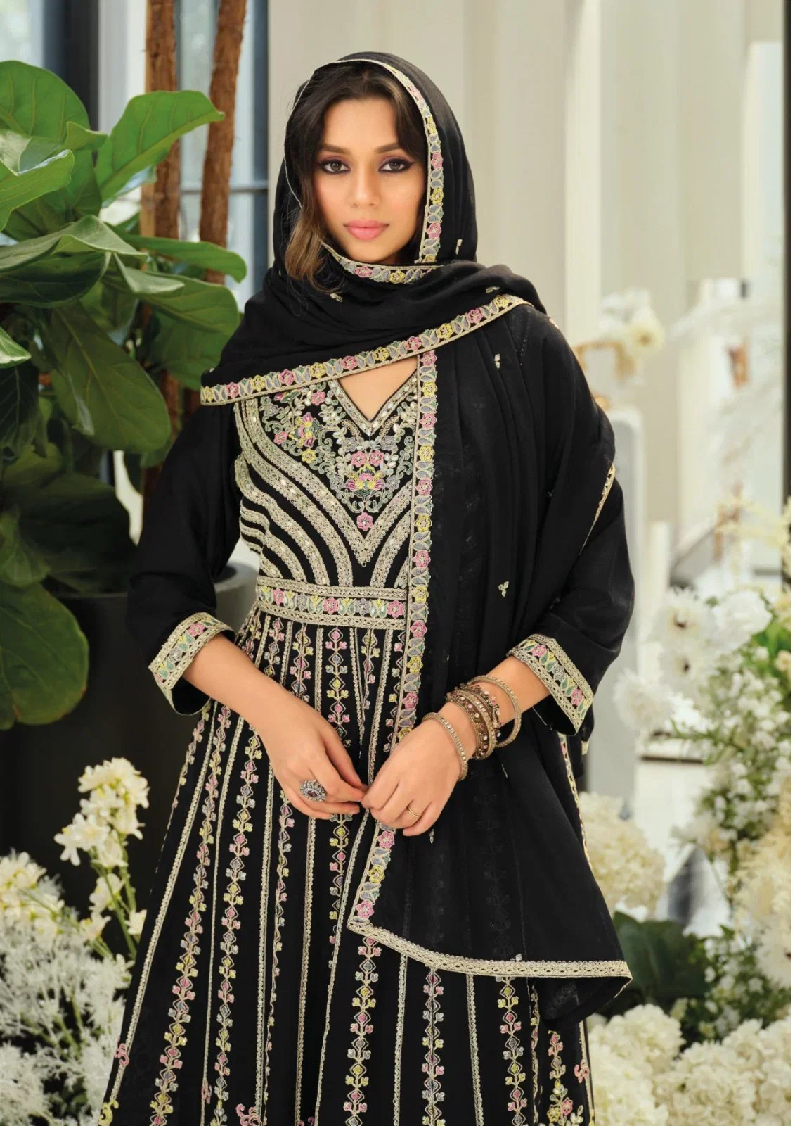 Barbie Hit Black And White Chinon Embroidery Worked Salwar Suit Collection