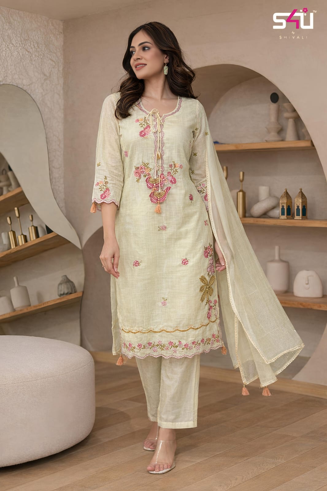 S4u Cream And Red 01 Summer Diaries Straight Kurta With Bottom And Dupatta
