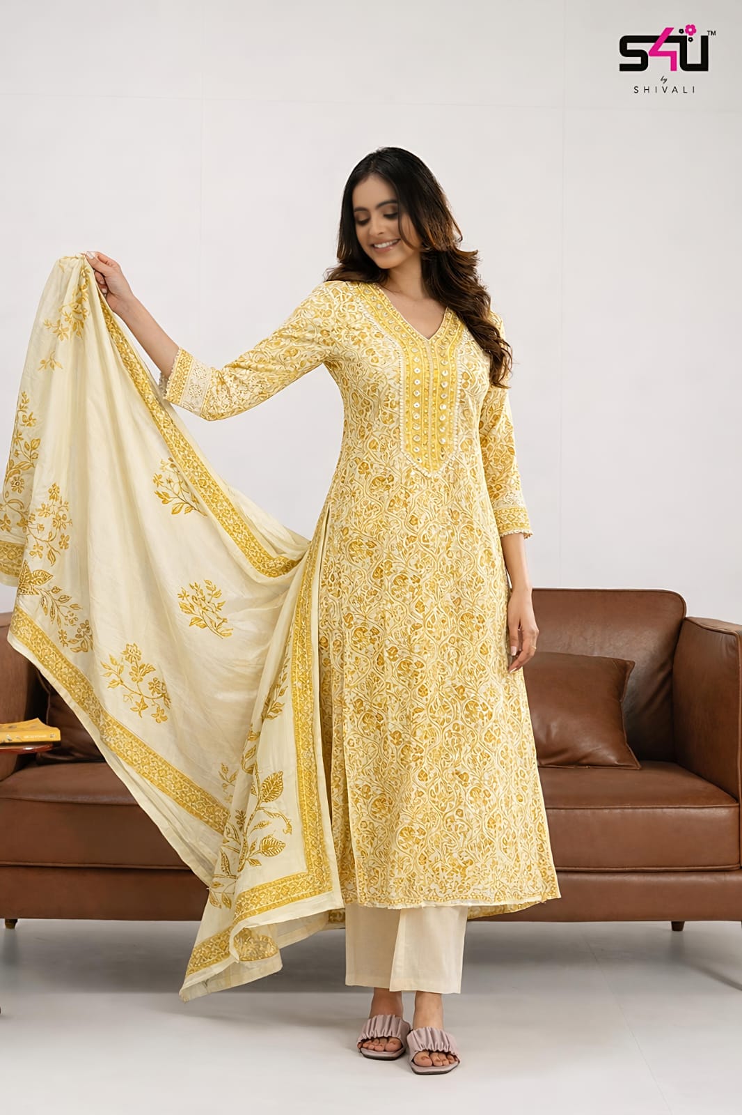 S4u Yellow Whiite Dots 01 Designer Cotton Kurta With Bottom And Dupatta
