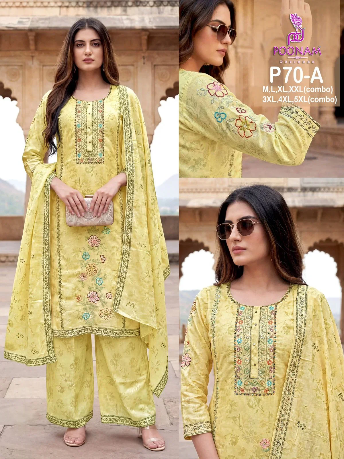 Poonam P70 A To D Linen Digital Printed Hand Embroidered Kurti With Bottom Dupatta