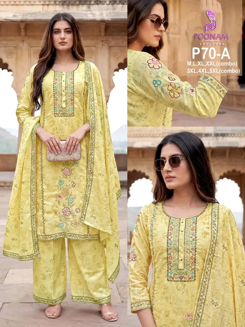 Poonam P70 A To D Linen Digital Printed Hand Embroidered Kurti With Bottom Dupatta