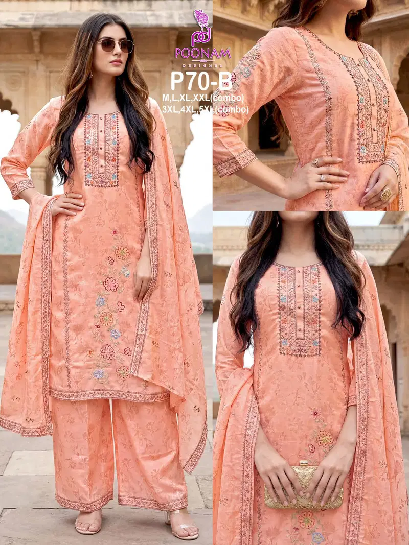 Poonam P70 A To D Linen Digital Printed Hand Embroidered Kurti With Bottom Dupatta