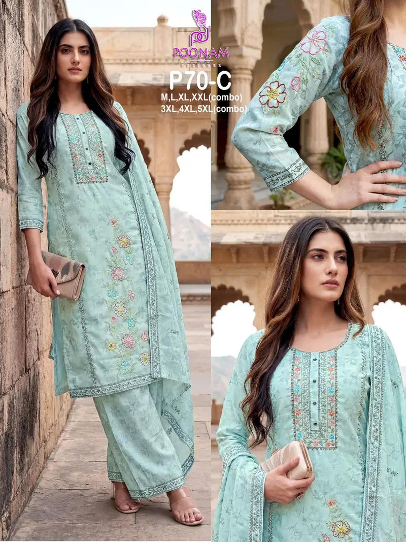 Poonam P70 A To D Linen Digital Printed Hand Embroidered Kurti With Bottom Dupatta