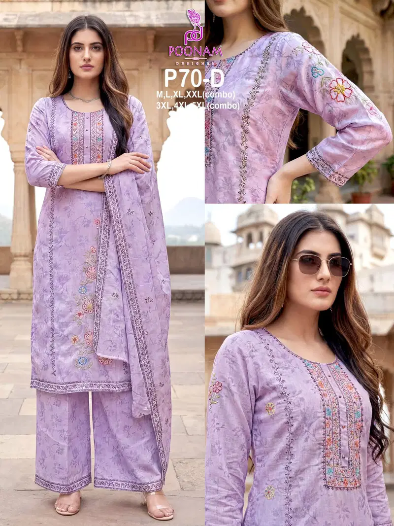 Poonam P70 A To D Linen Digital Printed Hand Embroidered Kurti With Bottom Dupatta