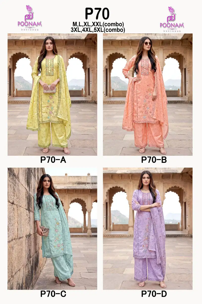Poonam P70 A To D Linen Digital Printed Hand Embroidered Kurti With Bottom Dupatta