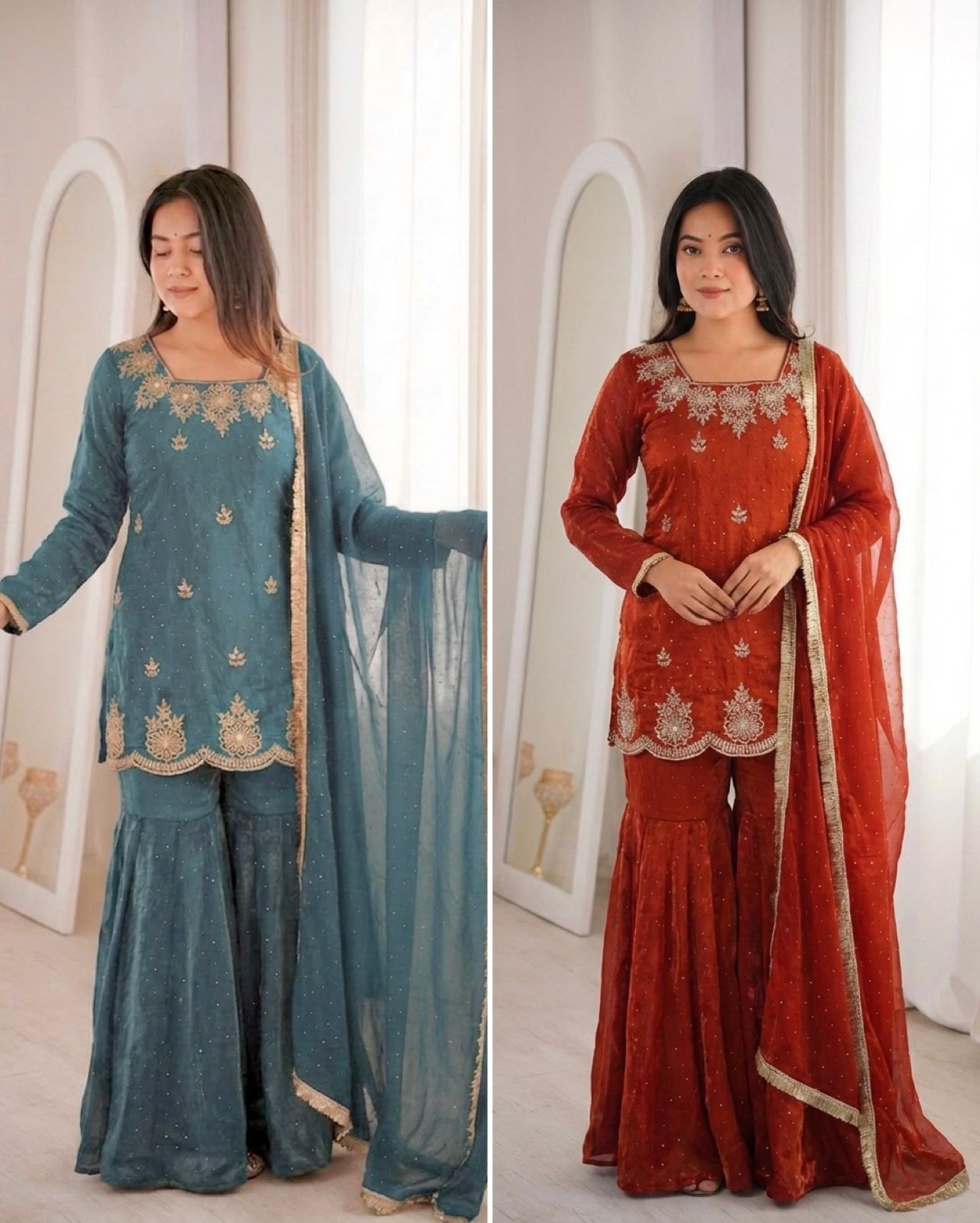 NCO 142 Fendy Silk Embroidery Sequins Work Top Sharara Plazzo With Dupatta