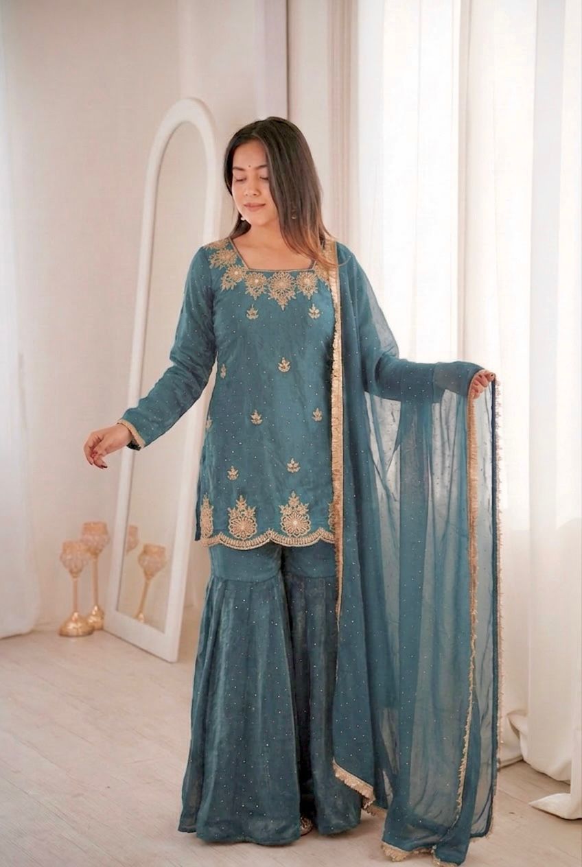 NCO 142 Fendy Silk Embroidery Sequins Work Top Sharara Plazzo With Dupatta