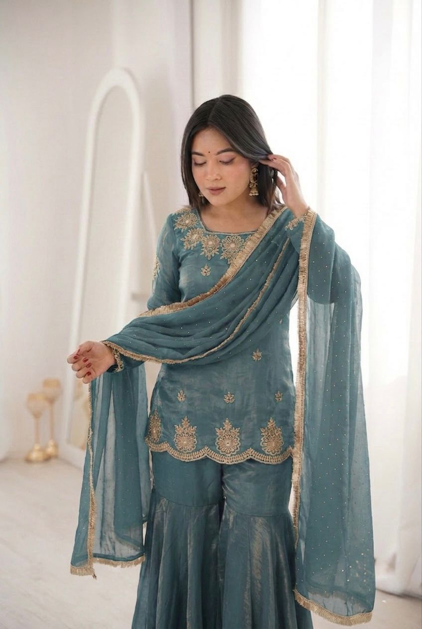 NCO 142 Fendy Silk Embroidery Sequins Work Top Sharara Plazzo With Dupatta