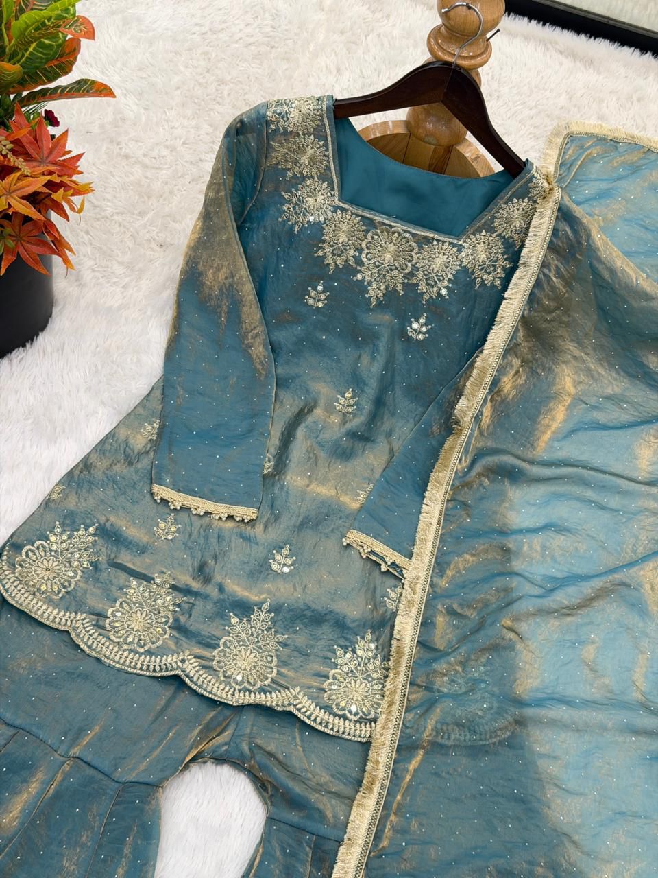 NCO 142 Fendy Silk Embroidery Sequins Work Top Sharara Plazzo With Dupatta