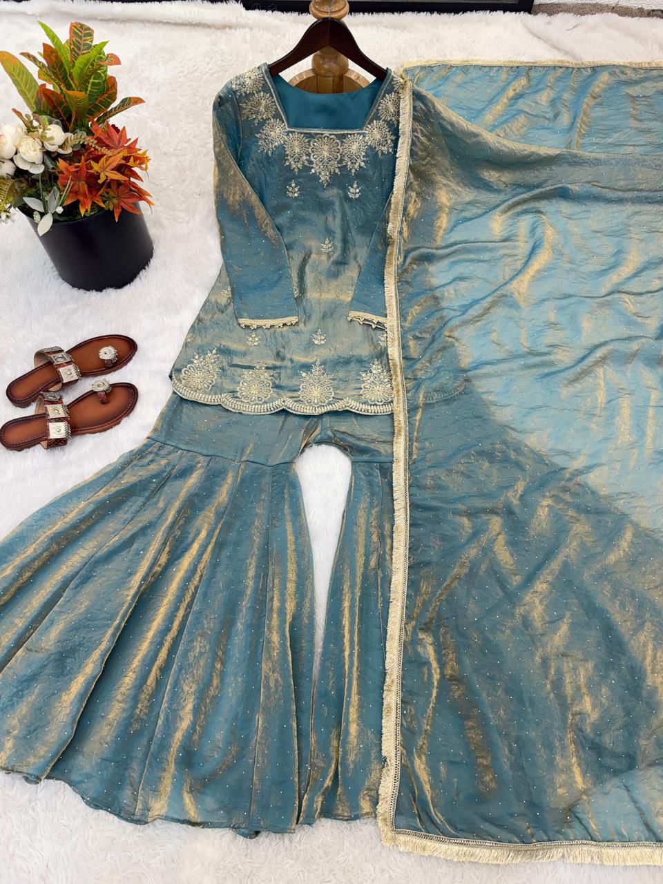 NCO 142 Fendy Silk Embroidery Sequins Work Top Sharara Plazzo With Dupatta