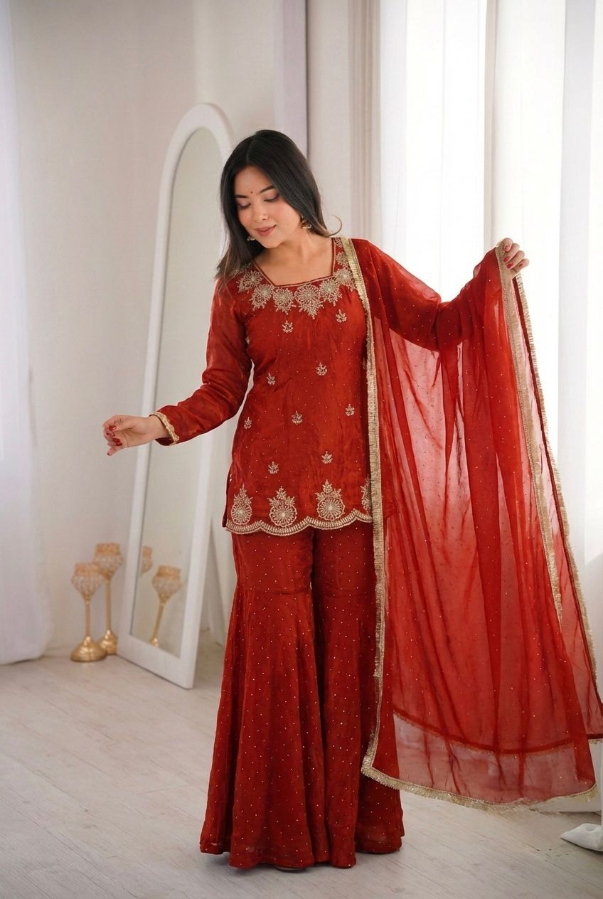 NCO 142 Fendy Silk Embroidery Sequins Work Top Sharara Plazzo With Dupatta