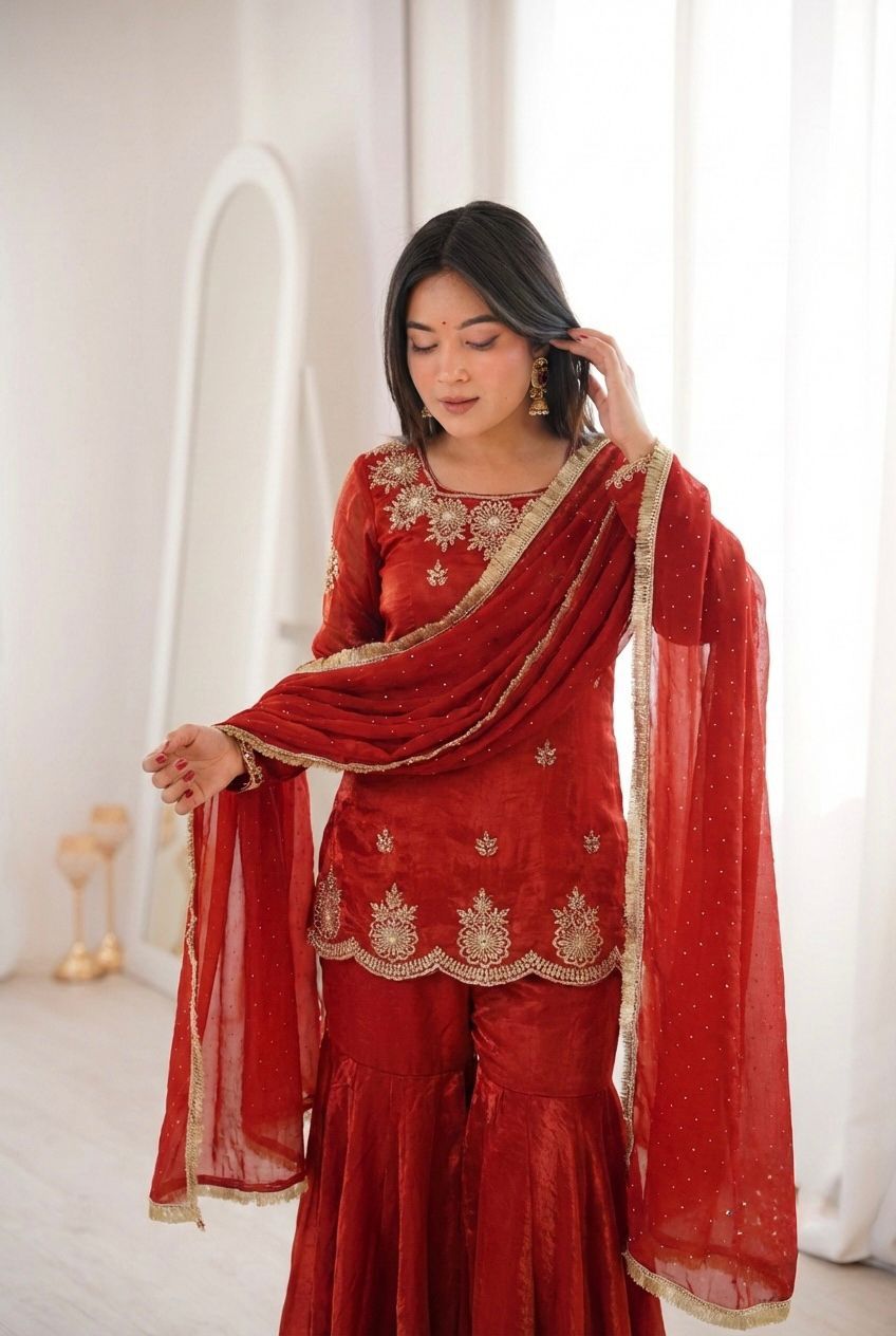 NCO 142 Fendy Silk Embroidery Sequins Work Top Sharara Plazzo With Dupatta