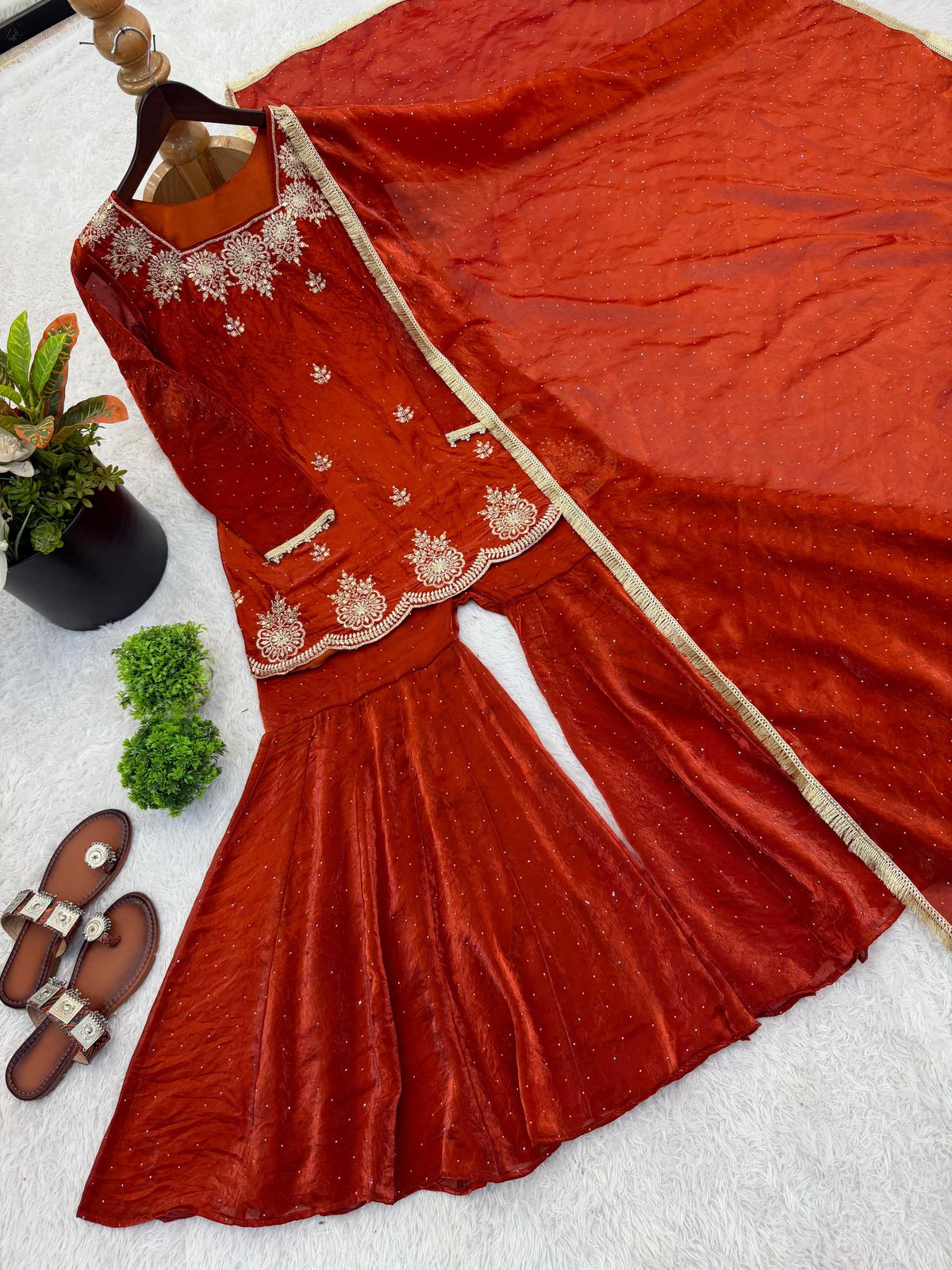 NCO 142 Fendy Silk Embroidery Sequins Work Top Sharara Plazzo With Dupatta