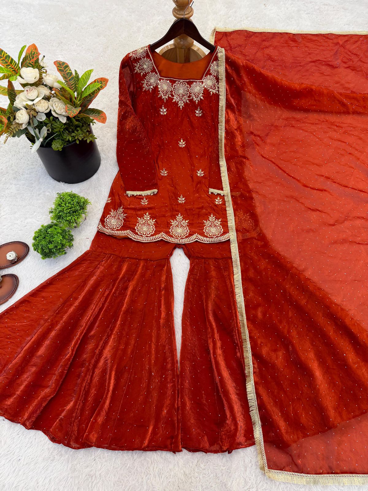 NCO 142 Fendy Silk Embroidery Sequins Work Top Sharara Plazzo With Dupatta