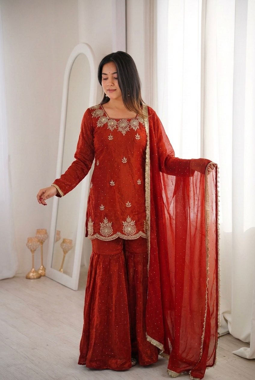 NCO 142 Fendy Silk Embroidery Sequins Work Top Sharara Plazzo With Dupatta