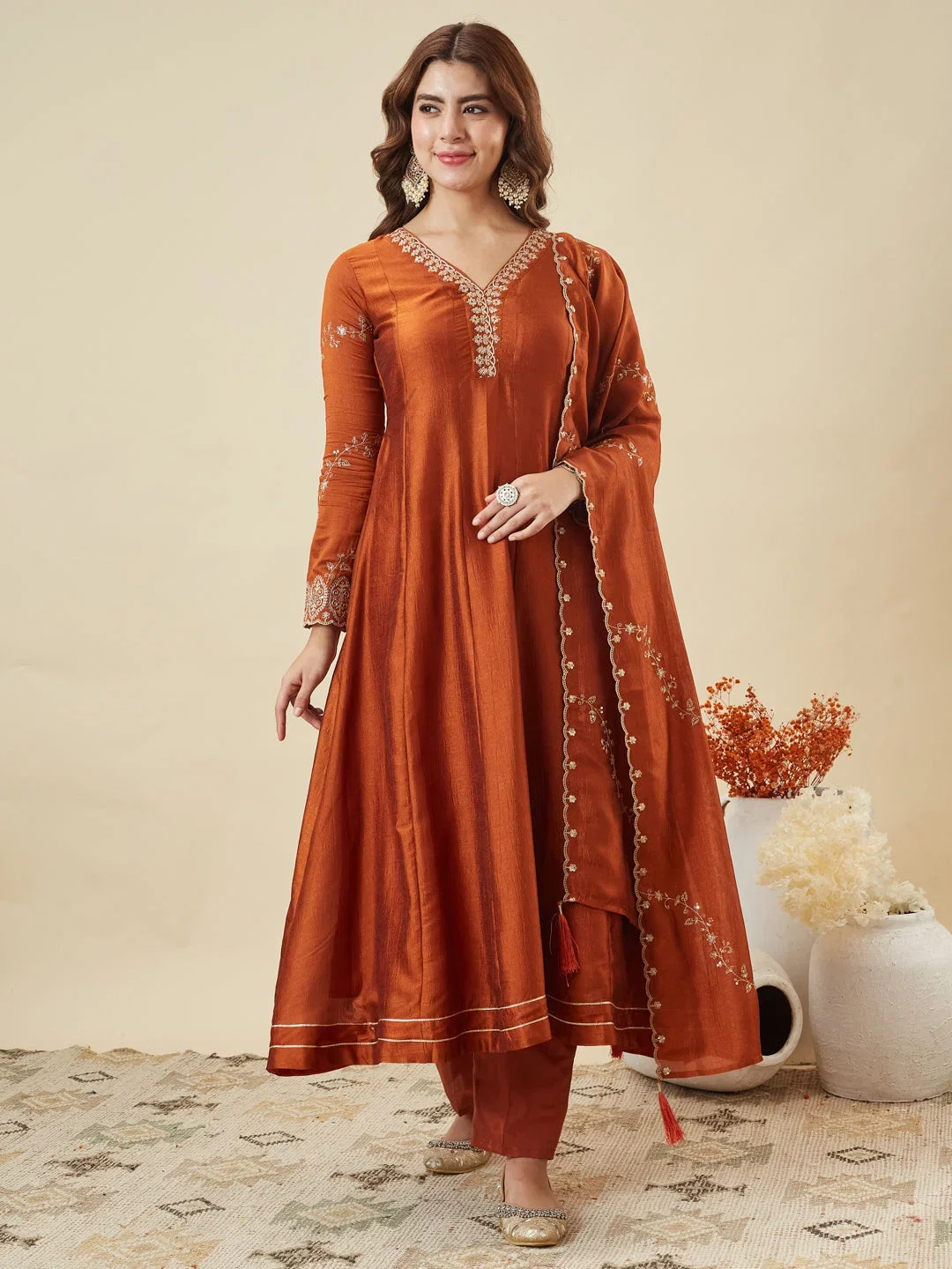 Dhukashish 01 Orange Color Vichitra Silk Anarkali Kurti Set
