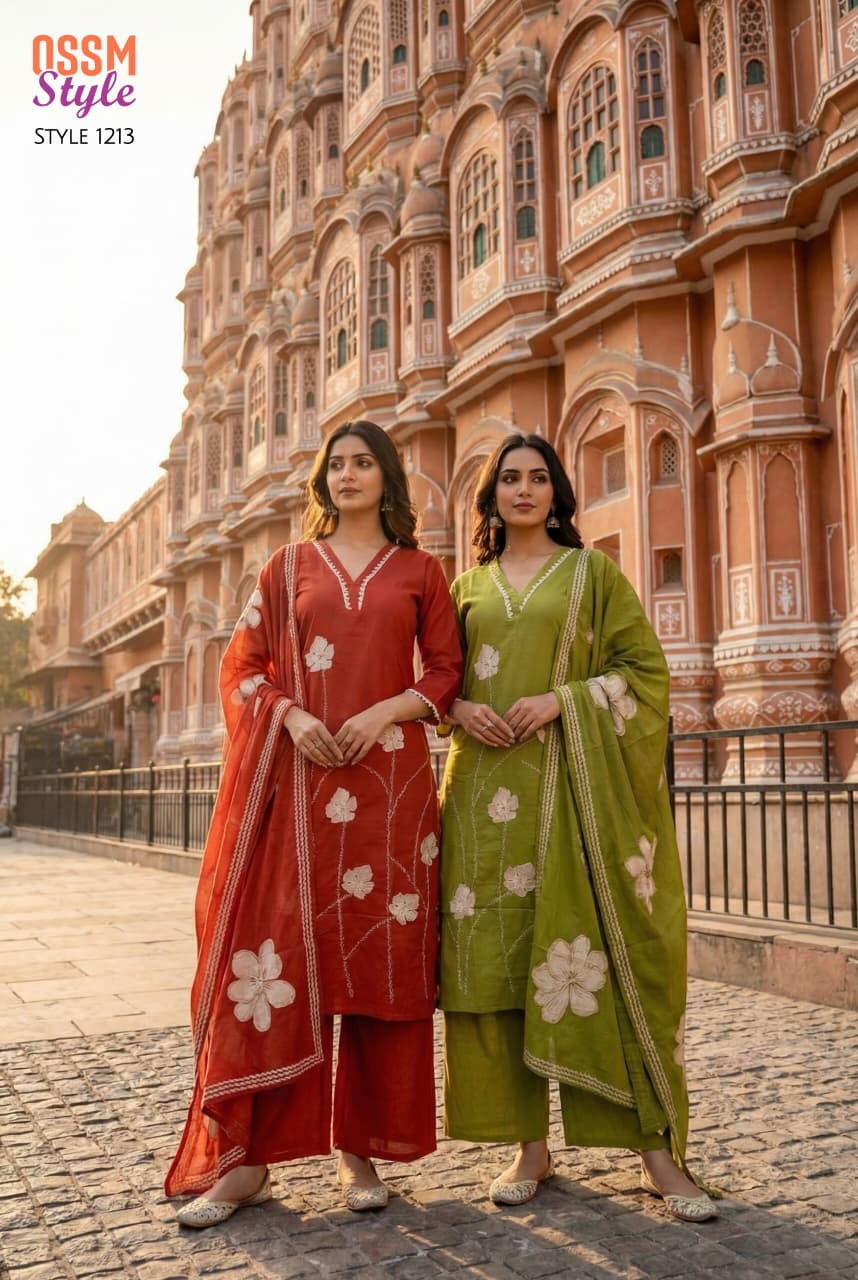 Ossm Style 1213 Cotton Dhabu Embroidery Worked Kurti With Bottom