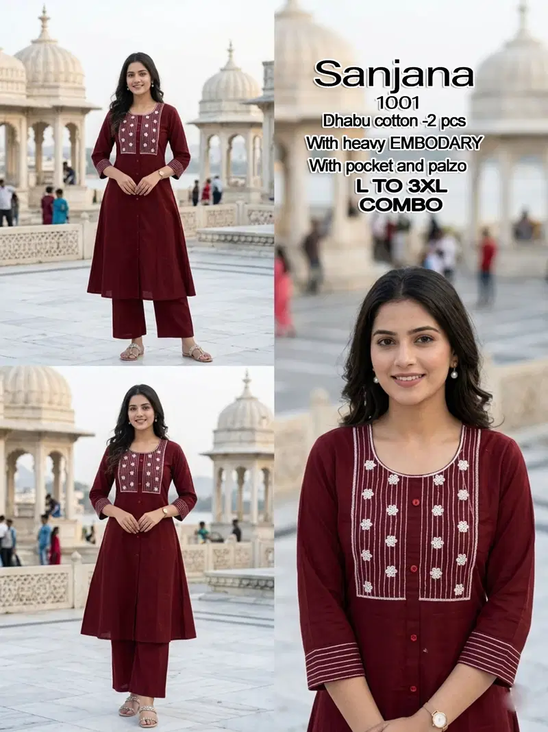 Sanjana D No 1001 To 07 Dhabu Cotton Embroidered Kurti With Bottom Collection