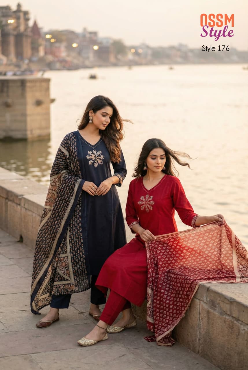 Ossm Style 176 Premium Dhabu Cotton Handwork Kurti With Bottom Dupatta