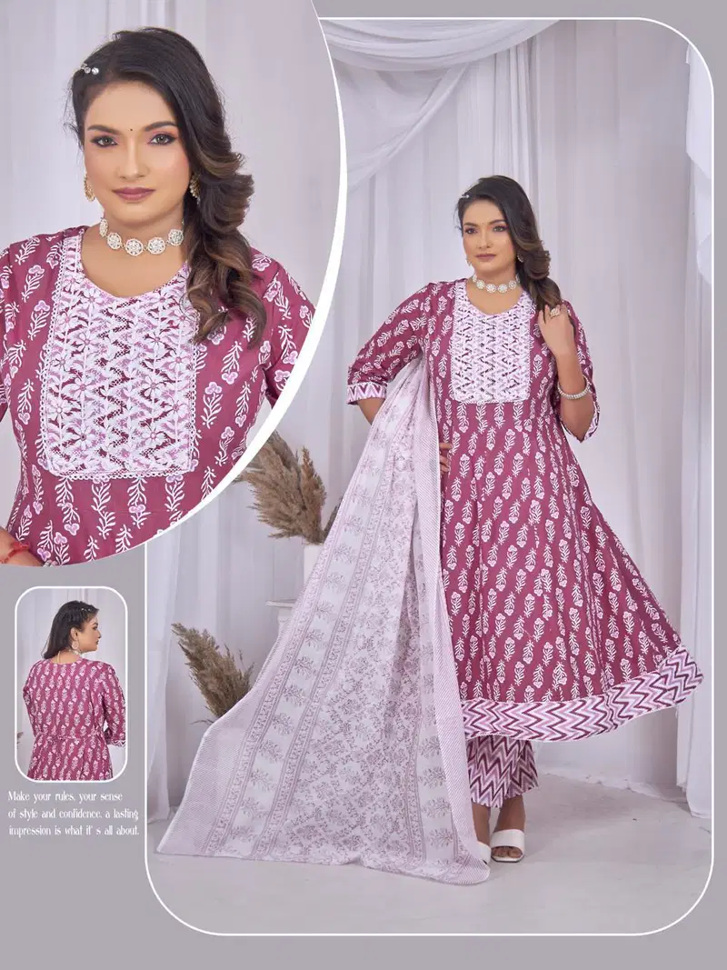 Naisha K 840 Cotton Cambric Design Kurti With Bottom Dupatta