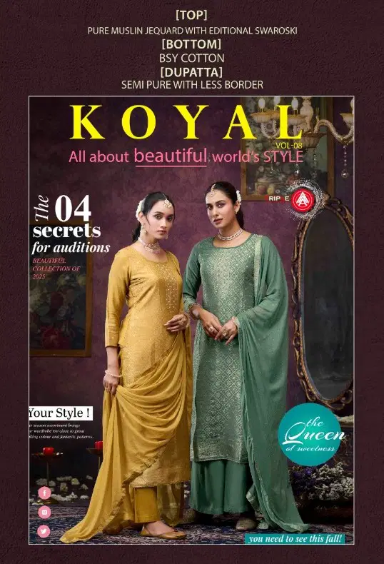 Four Dots Koyal Vol 8 Muslin Jacquard With Swaroski Work Dress Material