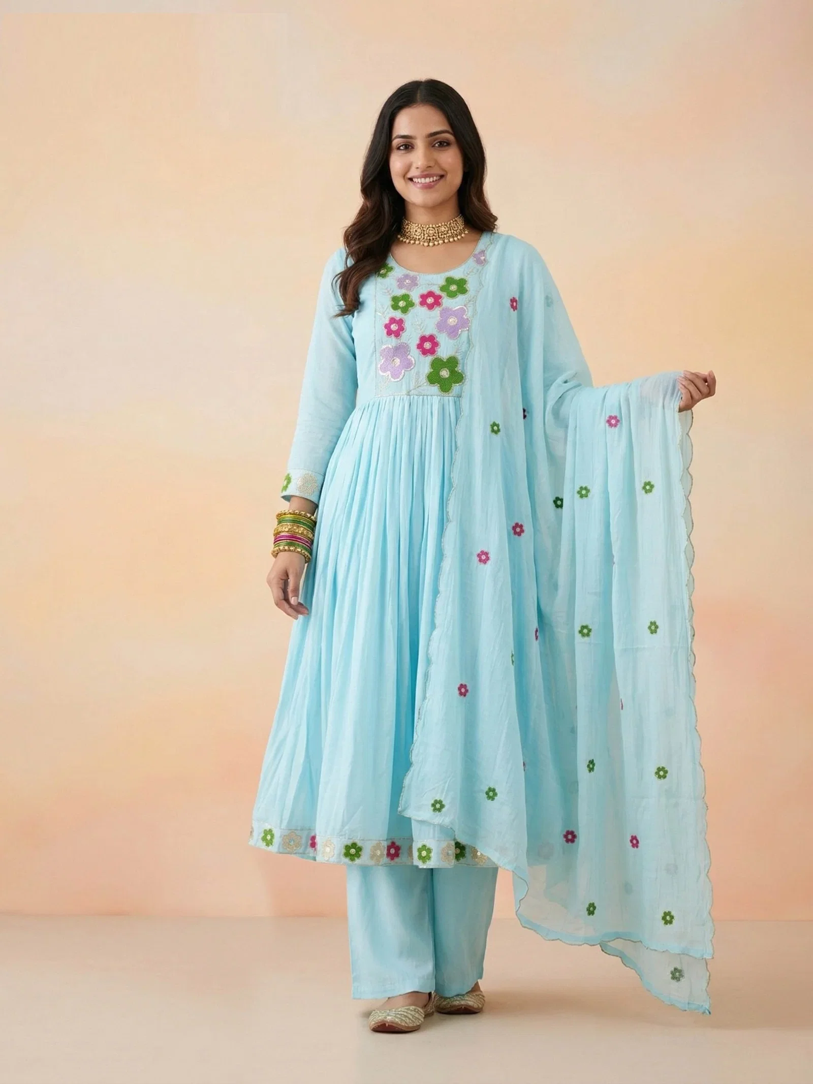 Naisha K 841 Mul Chanderi Anarkali Kurti With Pant Dupatta Collection
