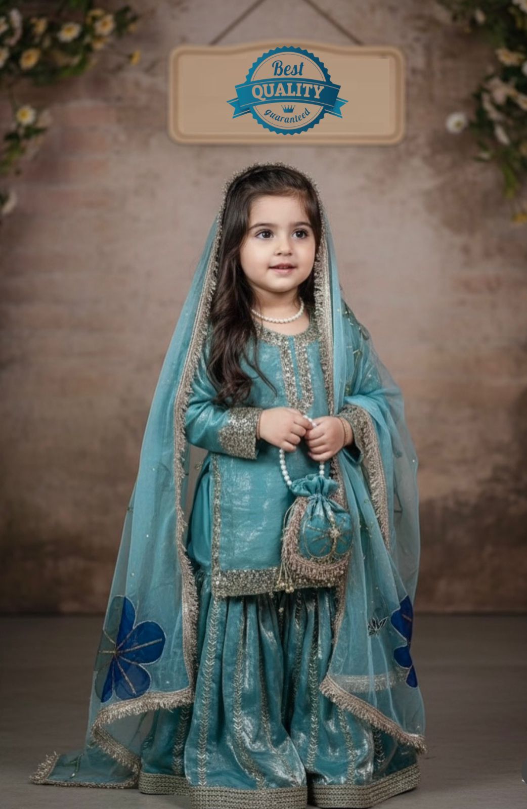 OC 246 Fendi Silk KIds Top With Sharara And Dupatta Set