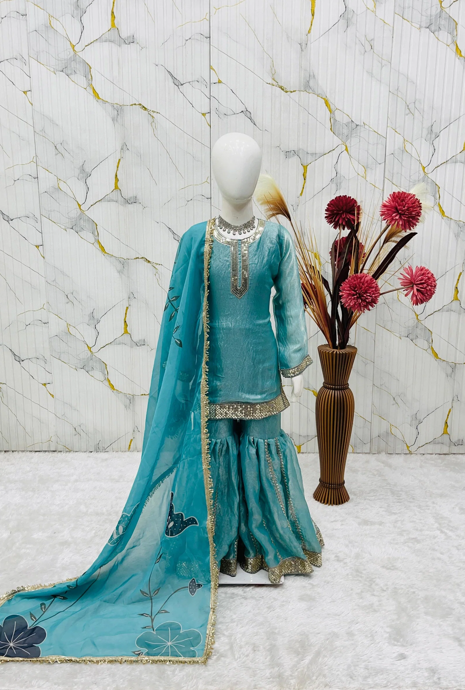 OC 246 Fendi Silk KIds Top With Sharara And Dupatta Set