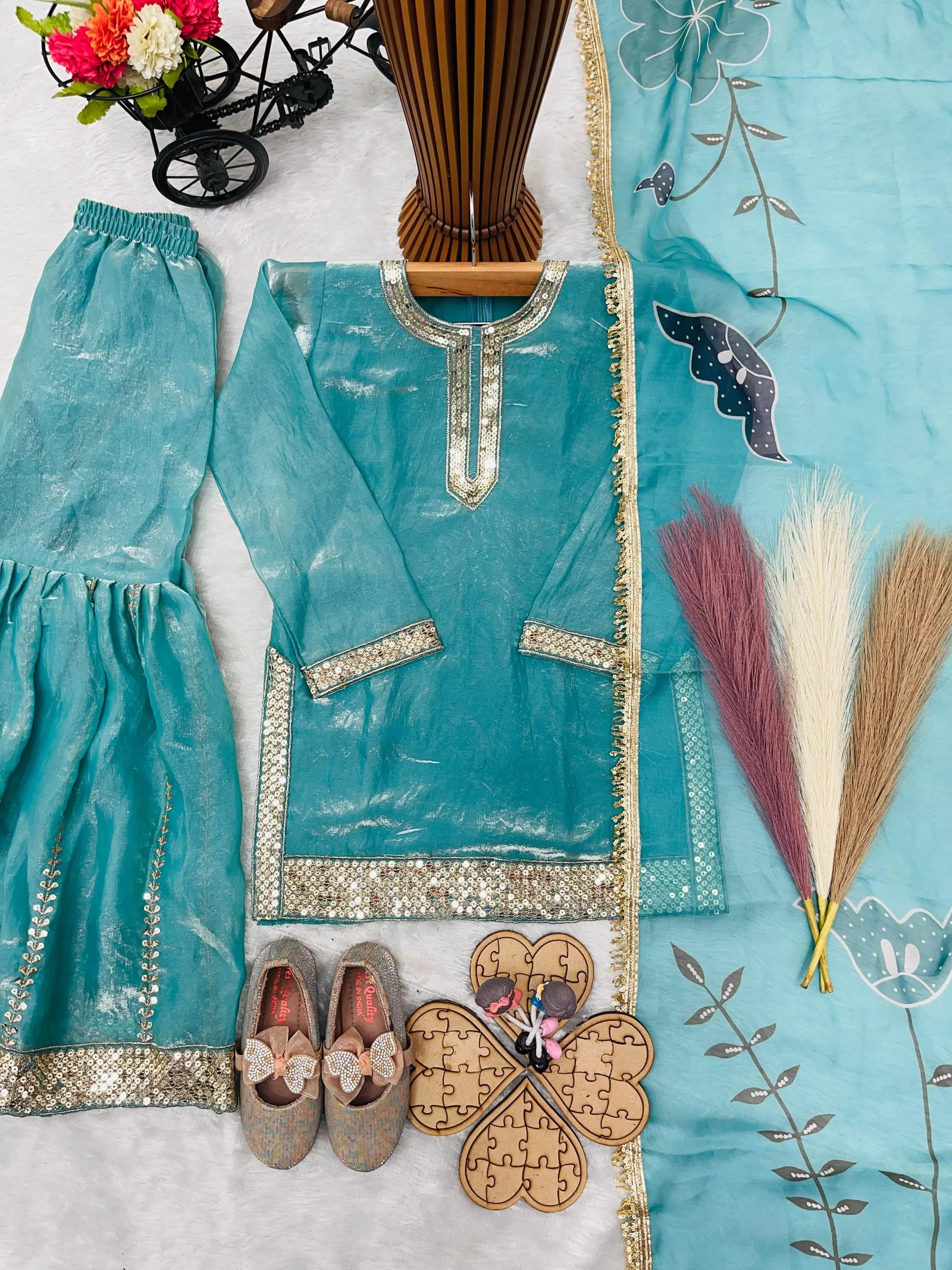 OC 246 Fendi Silk KIds Top With Sharara And Dupatta Set