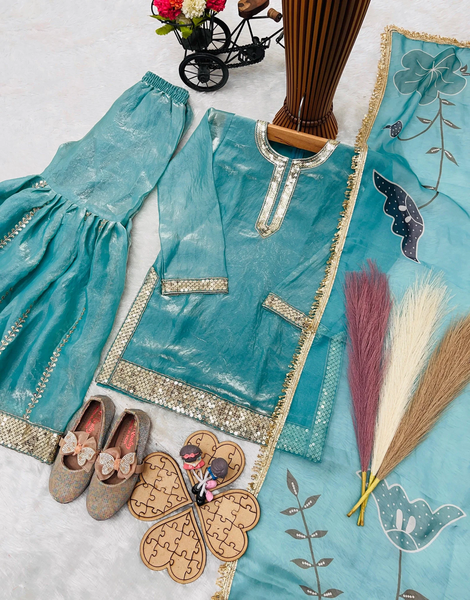 OC 246 Fendi Silk KIds Top With Sharara And Dupatta Set
