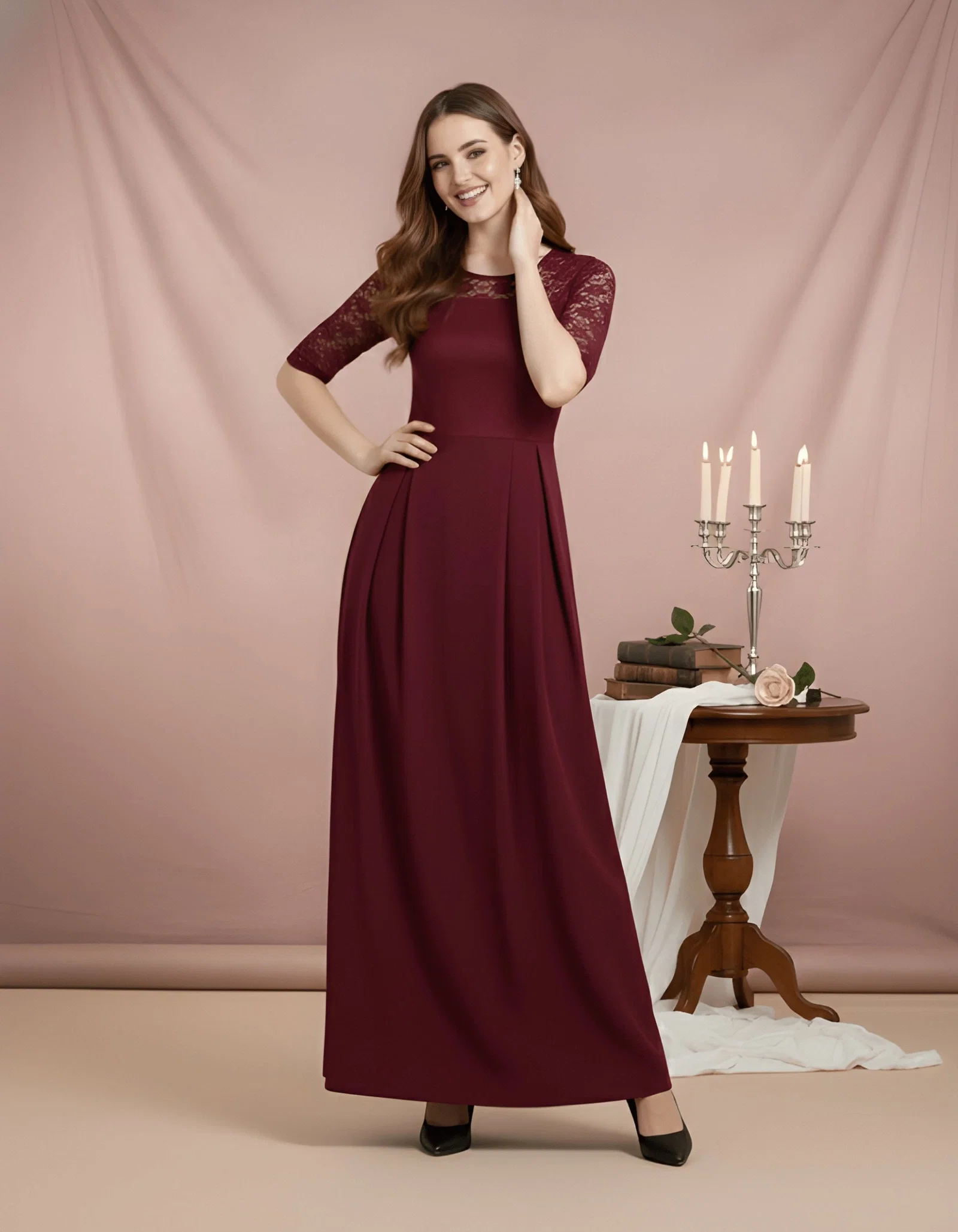 Vaaz 11 Woman Maroon Net Long Western Dress