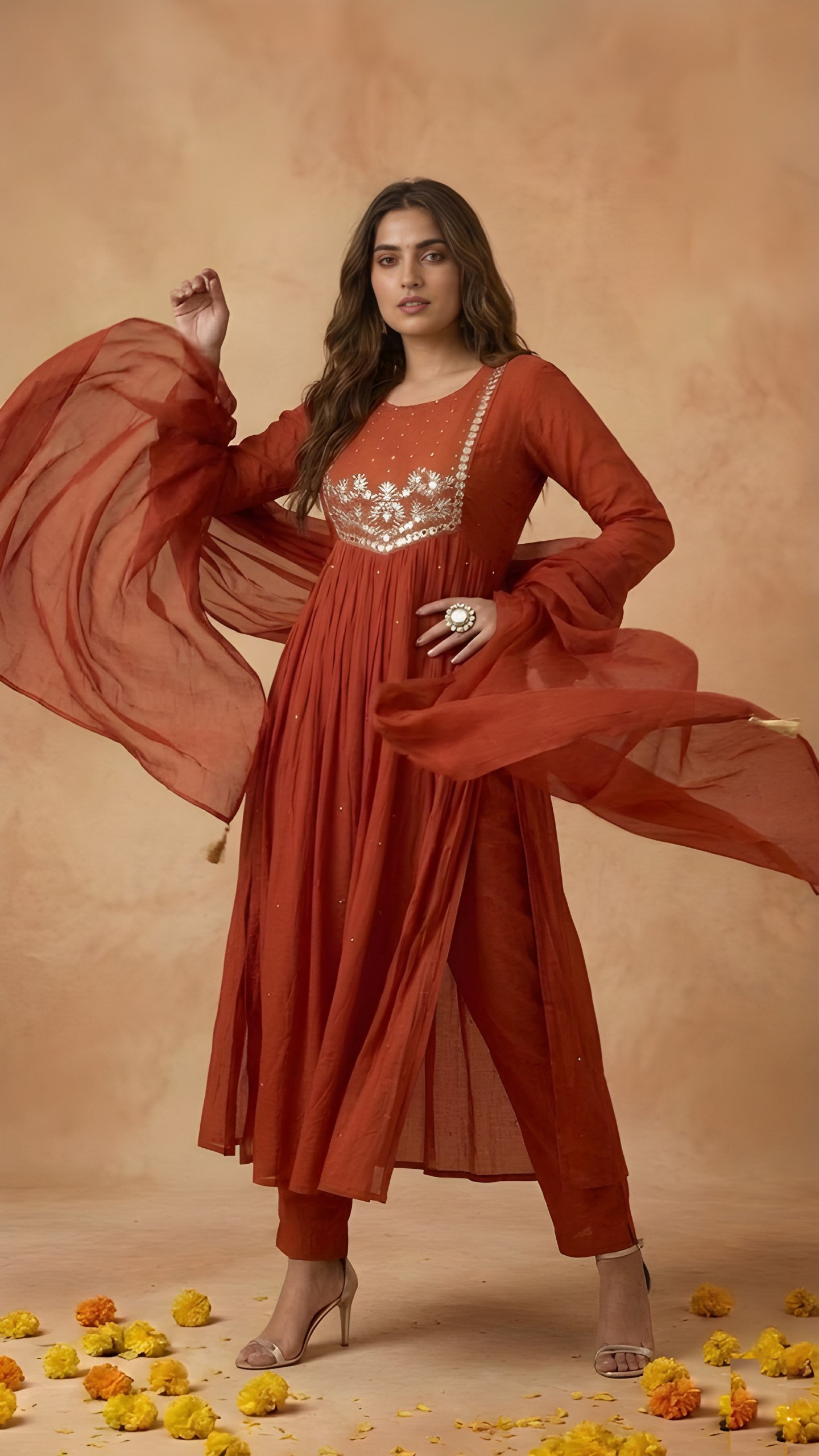 Vaaz 13 Rust Orange Cambric Cotton Kurti And Pant With Dupatta