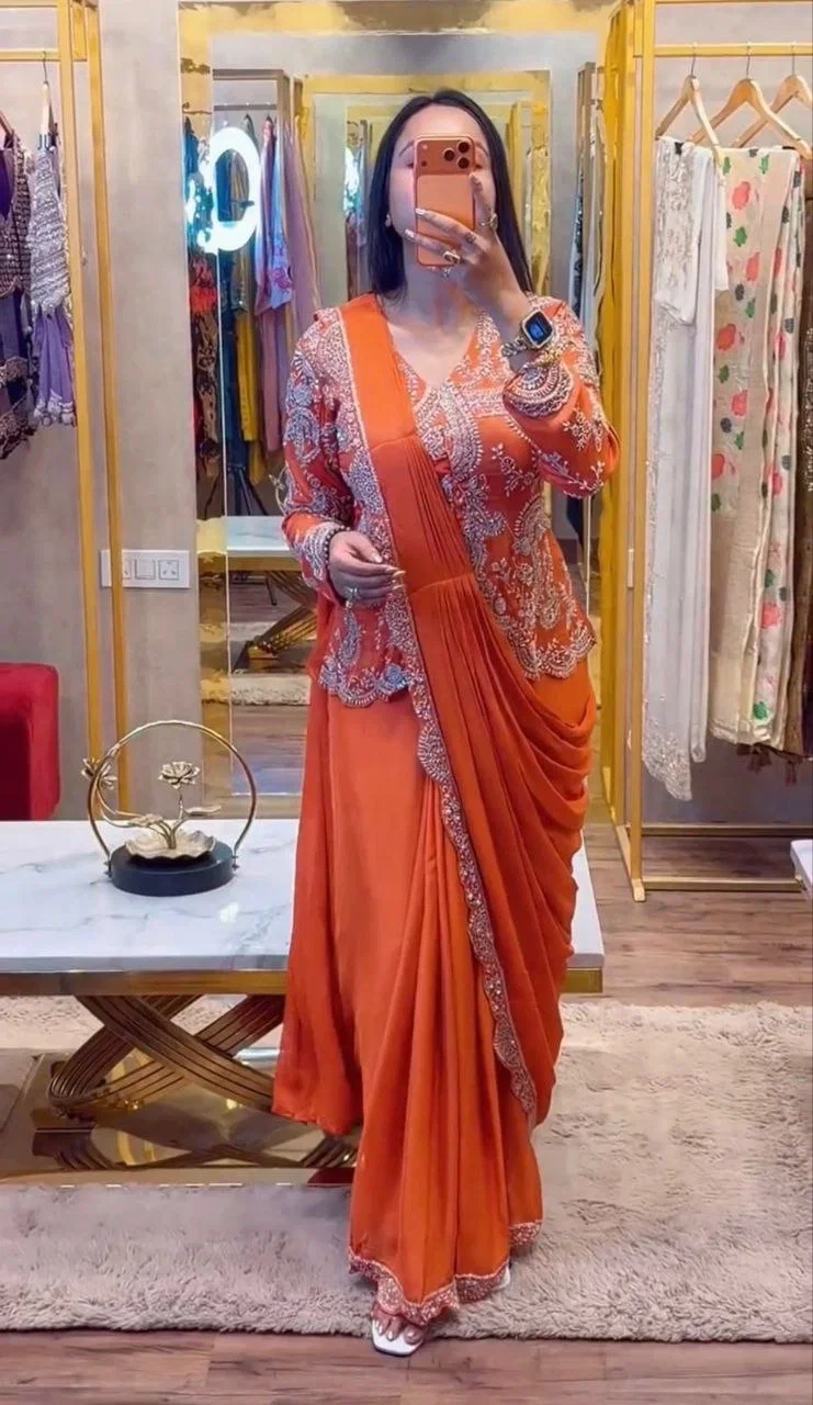 Bt 7152 Chinon Embroidery Sequence Worked Koti With Ready To Wear Saree