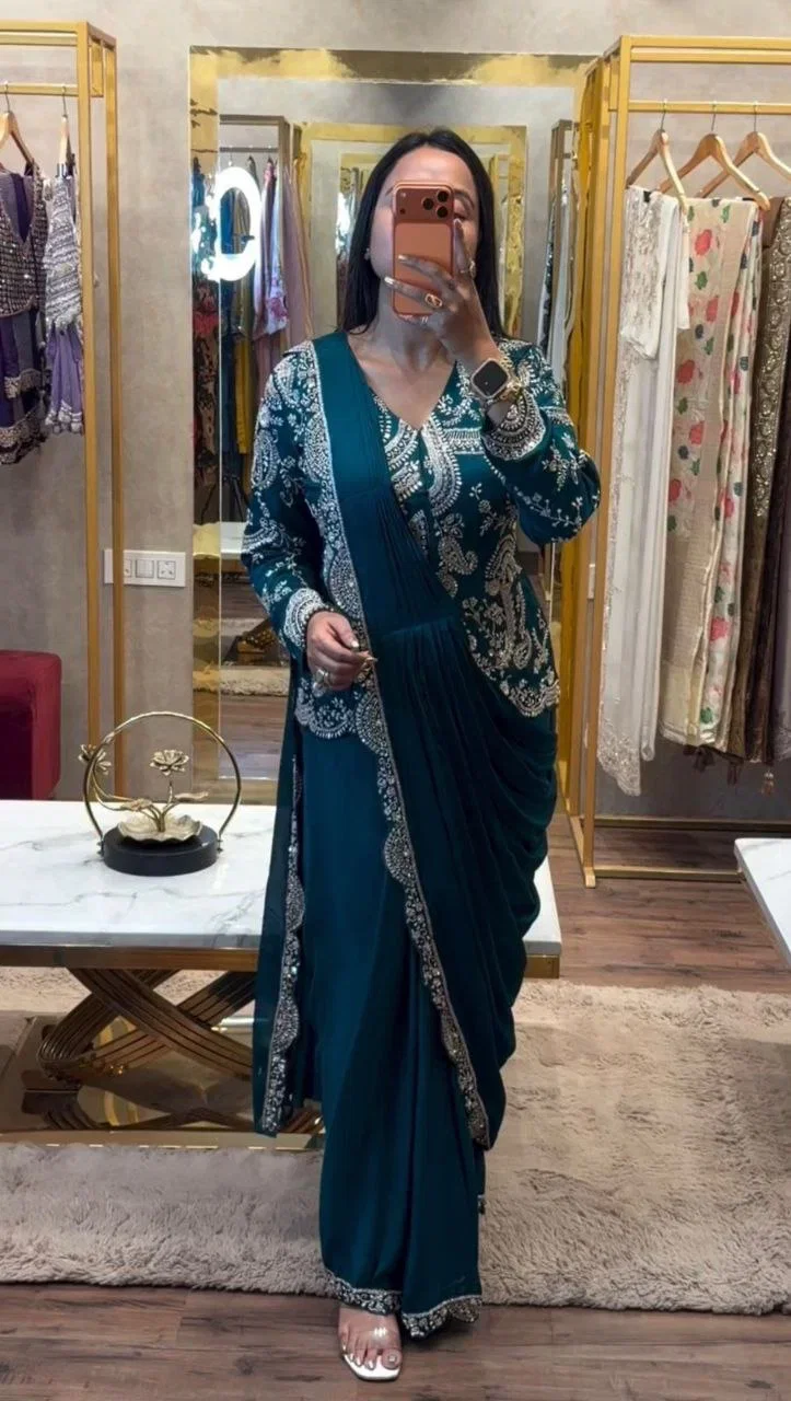 Bt 7152 Chinon Embroidery Sequence Worked Koti With Ready To Wear Saree