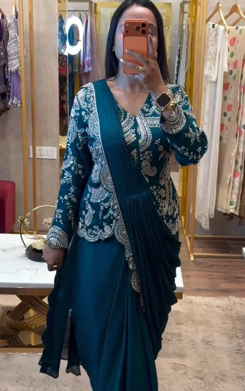 Bt 7152 Chinon Embroidery Sequence Worked Koti With Ready To Wear Saree