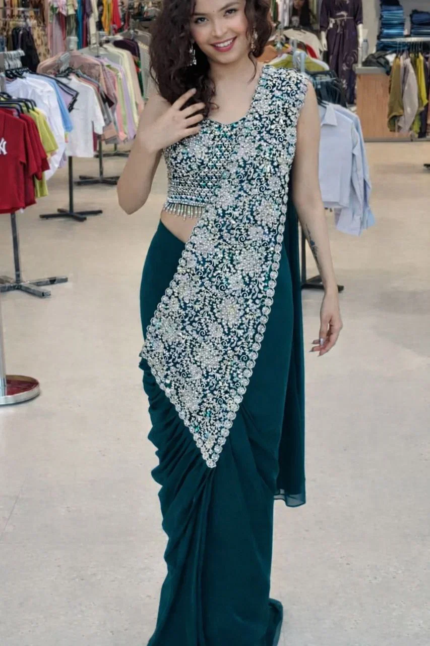 Bt 7146 Faux Georgette Embroidery Sequence Work Ready To Wear Saree